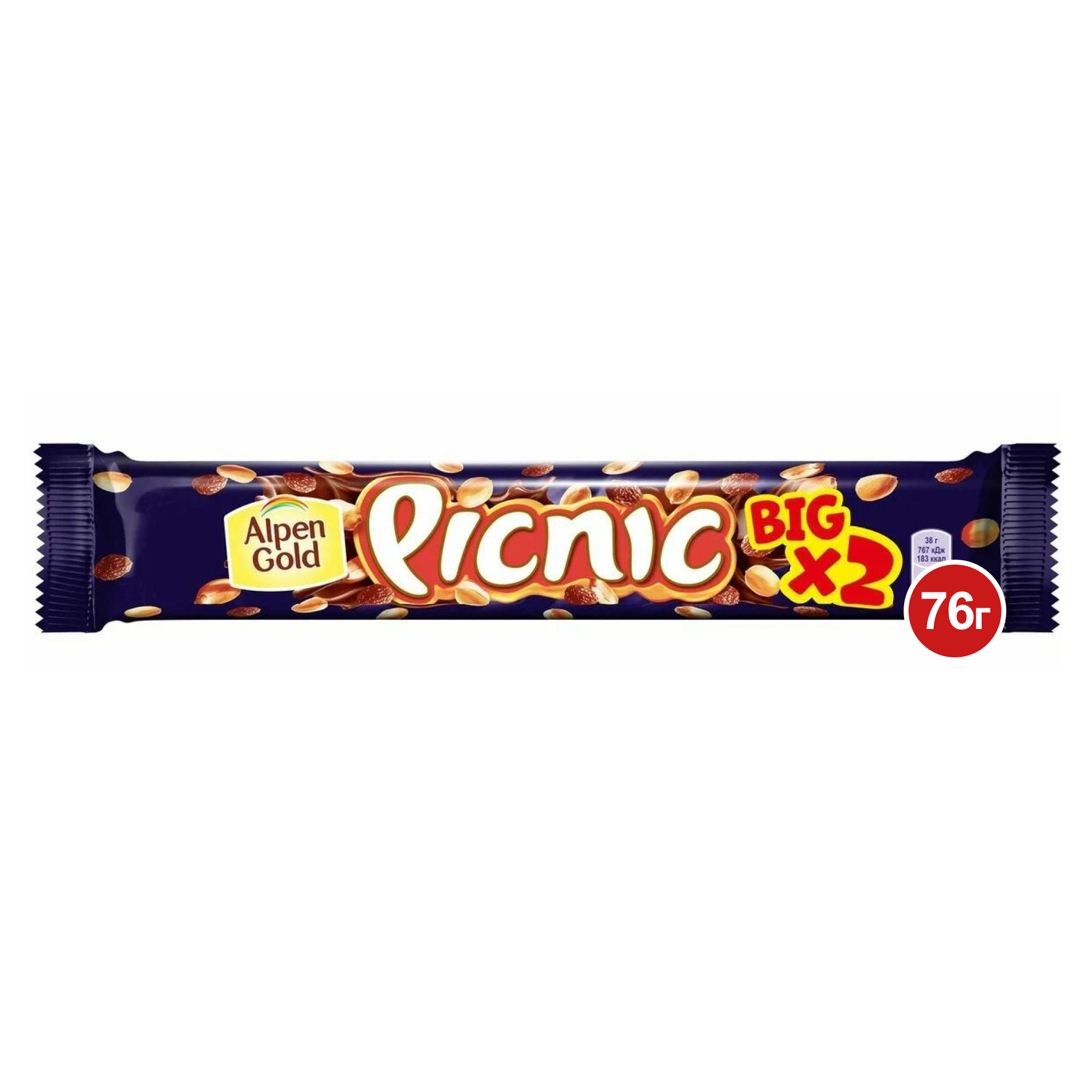 Батончик Picnic Big шоколадный с арахисом изюмом карамелью 76 г