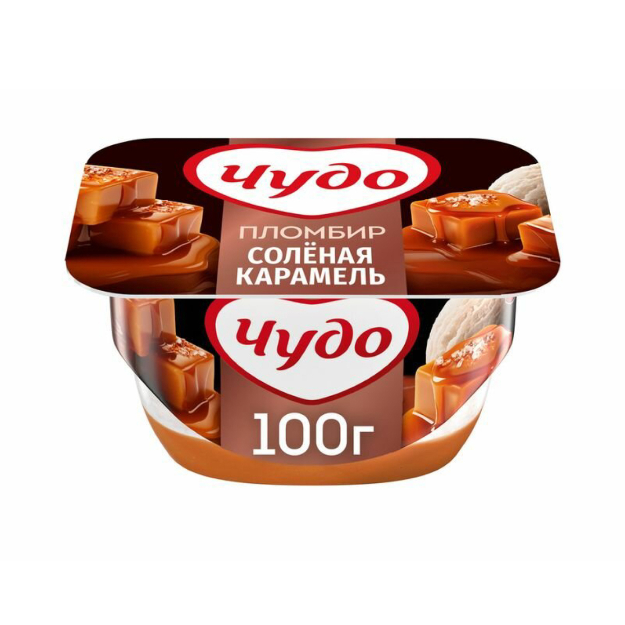 Десерт творожный со вкусом пломбир с соусом солёная карамель Чудо (100 г.)