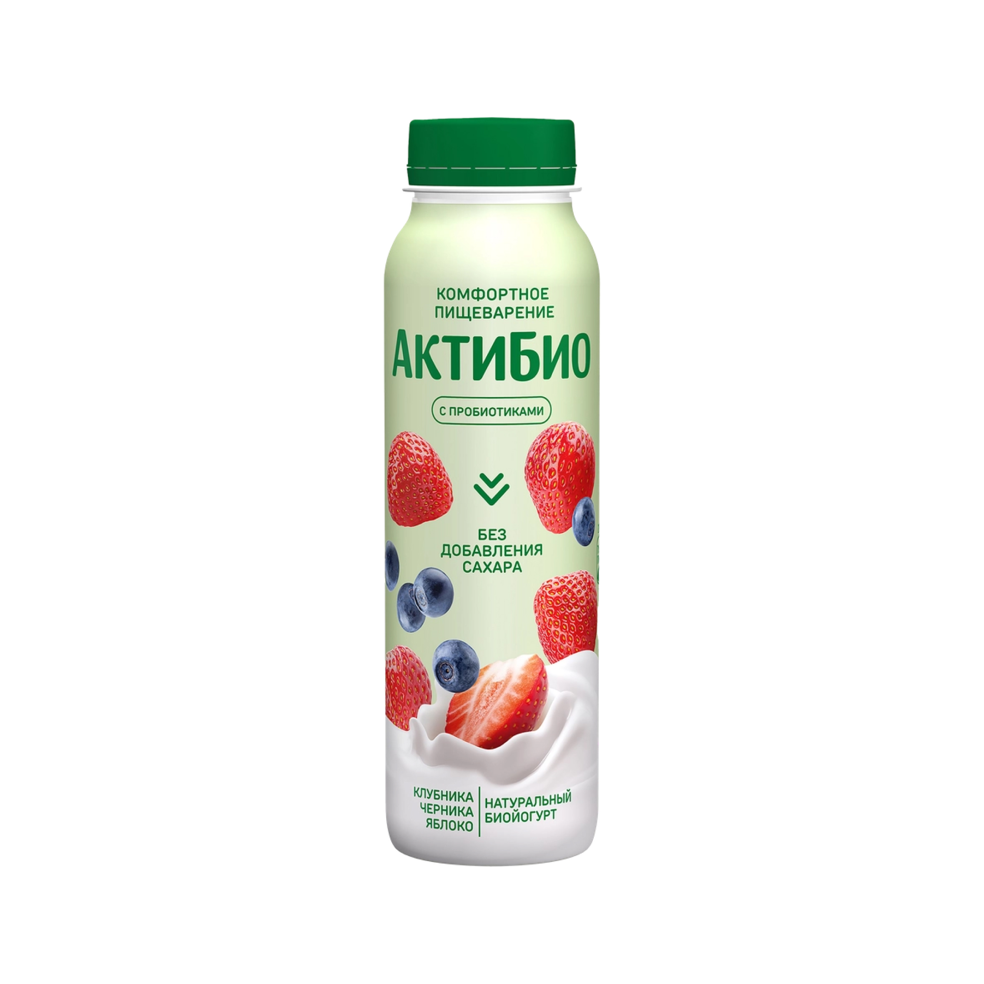 Йогурт АктиБио питьевой, с яблоком, клубникой и черникой, без сахара, 1,5% (260 г.)