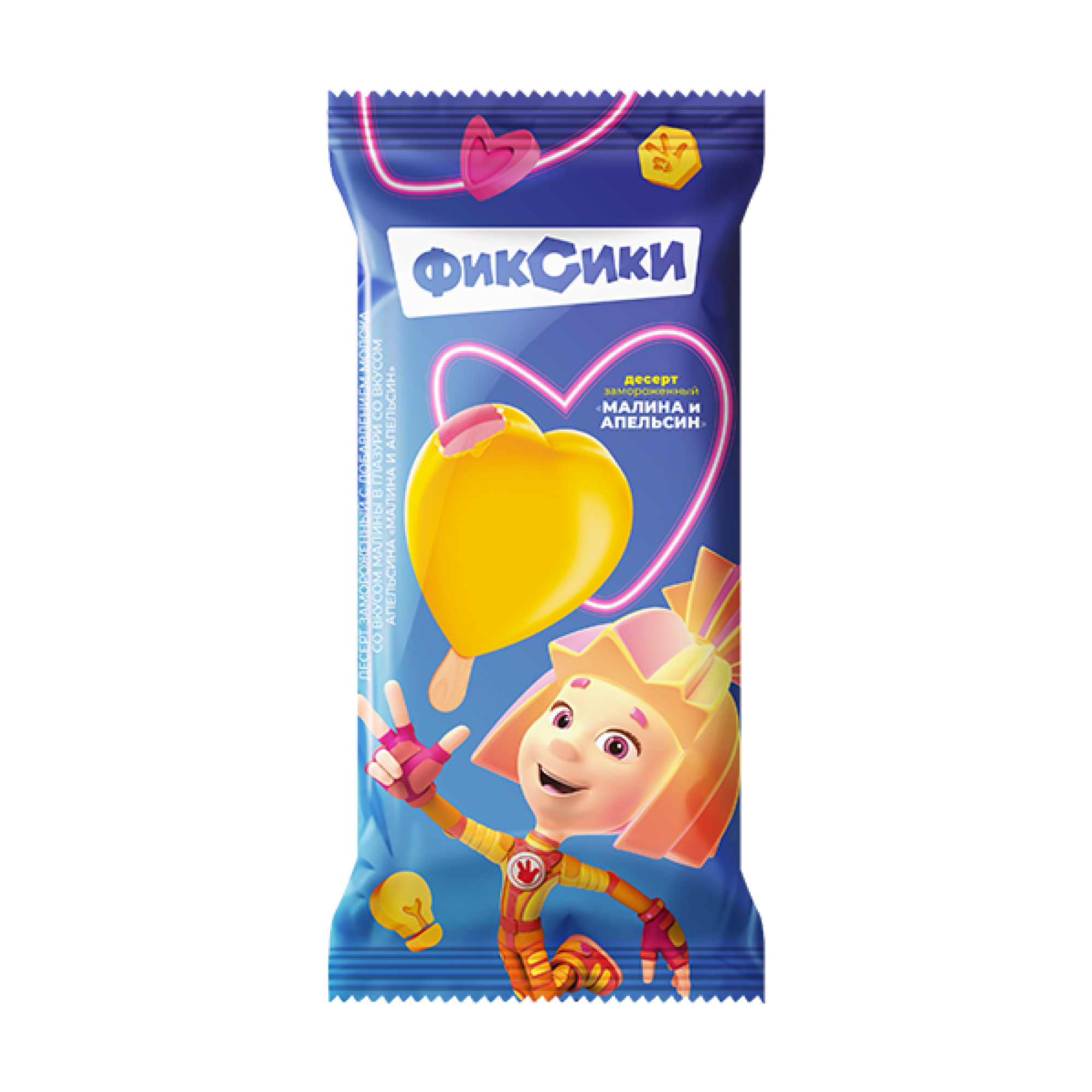 Эскимо "Фиксики" Симка, слив.малин, в апельсин. глазури, сердечко, 52г.