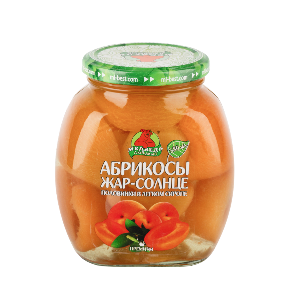 Абрикосы Медведь любимый половинки в легком сиропе, 580 мл