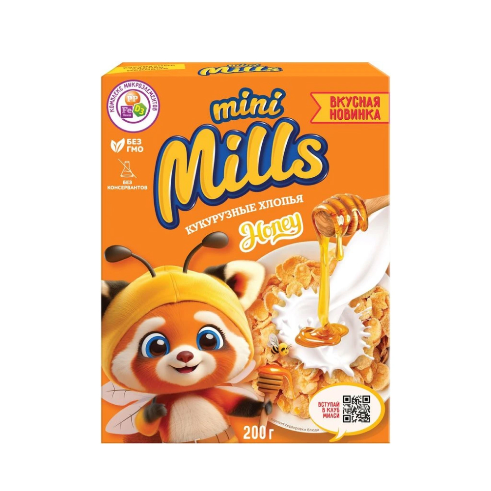 Хлопья кукурузные медовые Mini Mills обогащенные витаминами и железом, 200 г