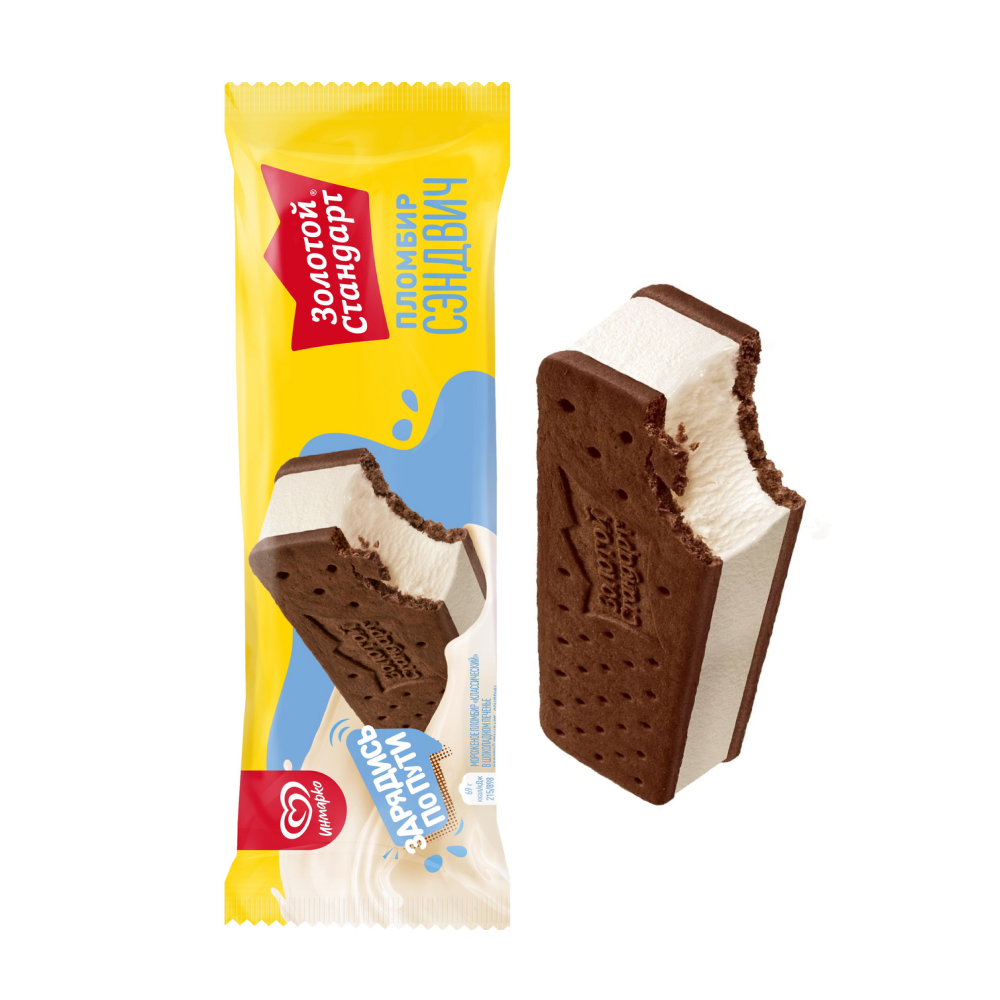 Мороженое Золотой стандарт пломбир сэндвич с печеньем, 69 г