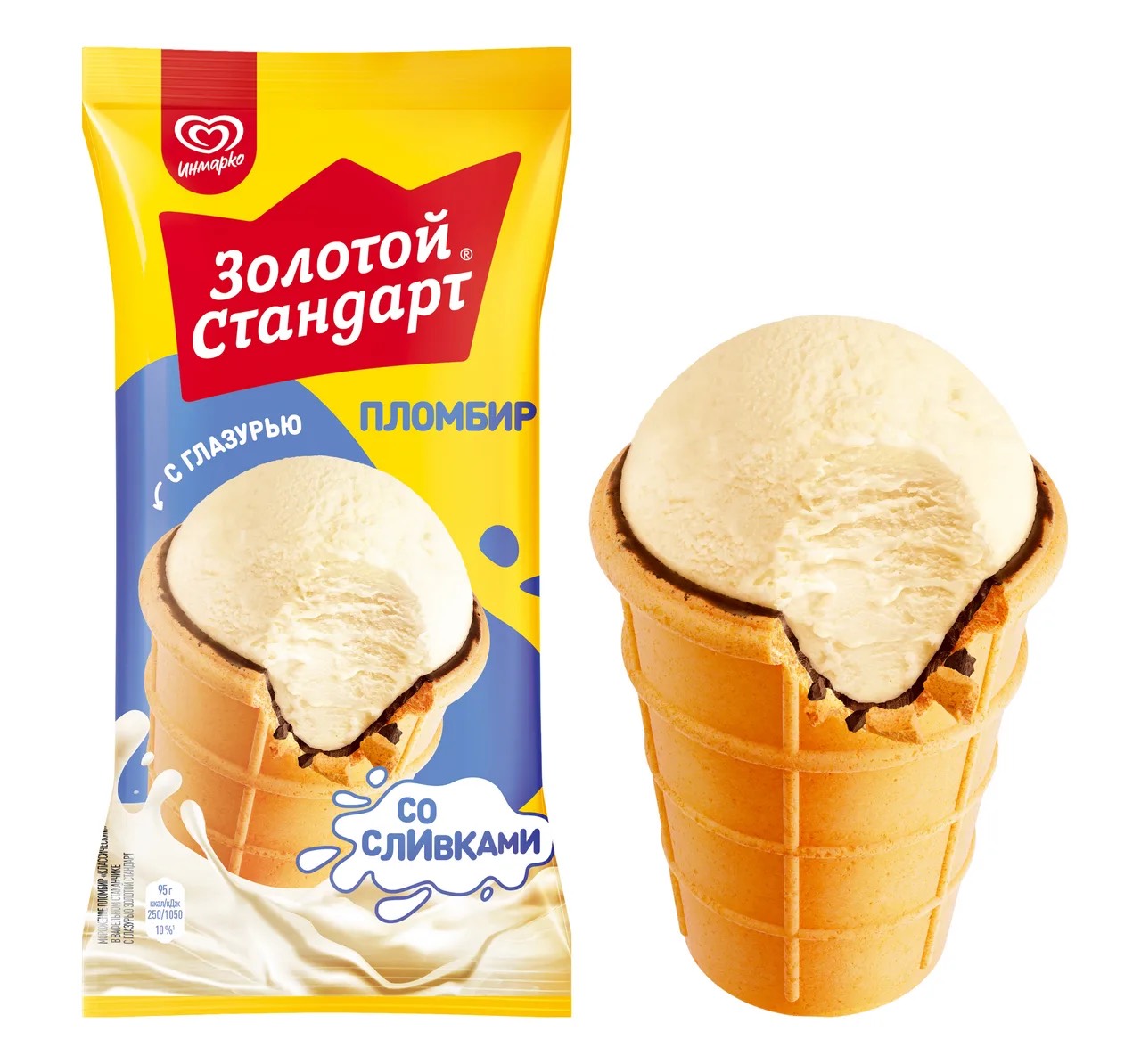 Мороженое Золотой стандарт пломбир в вафельном стаканчике с глазурью, 95 г
