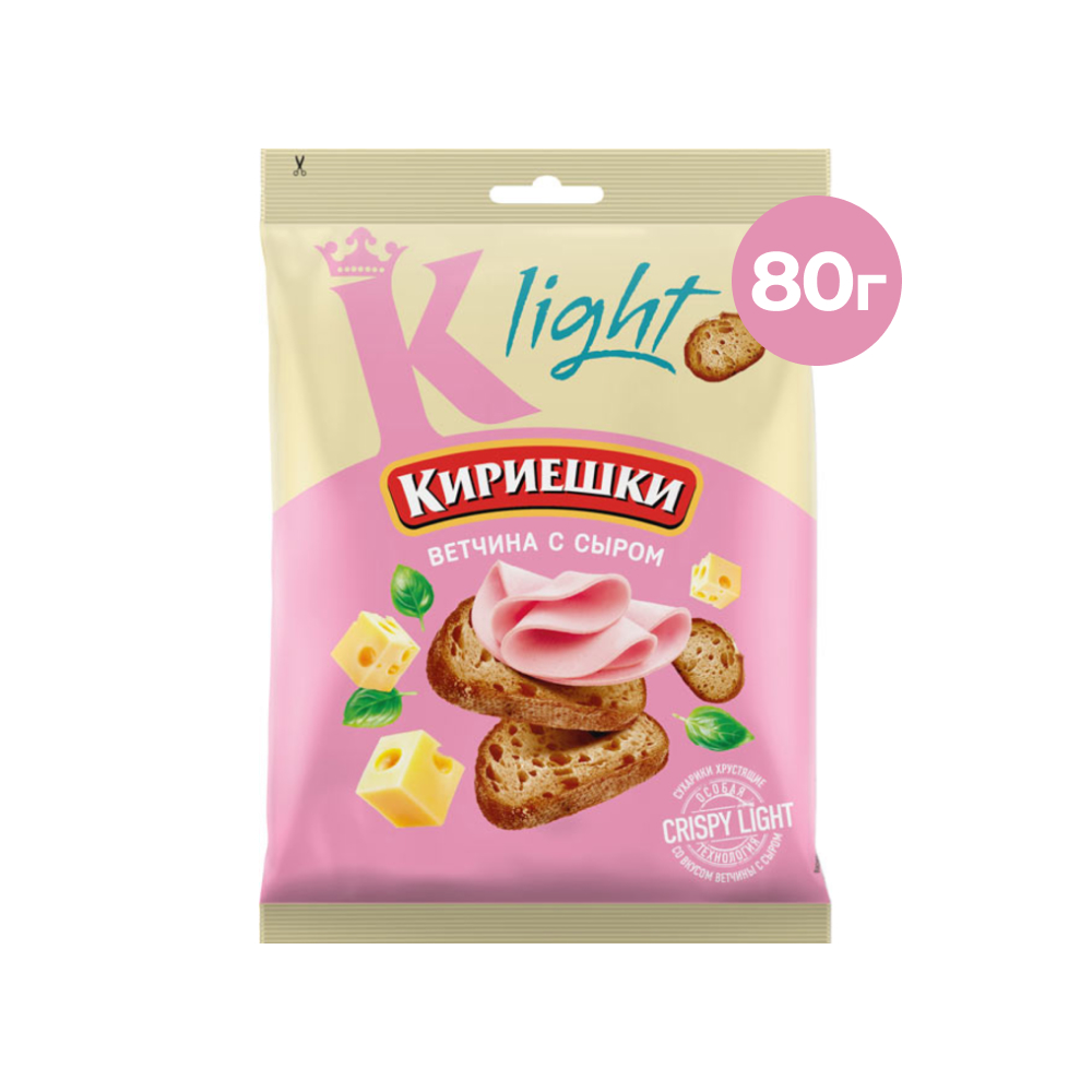 Сухарики Кириешки Light со вкусом ветчины с сыром, 80 г