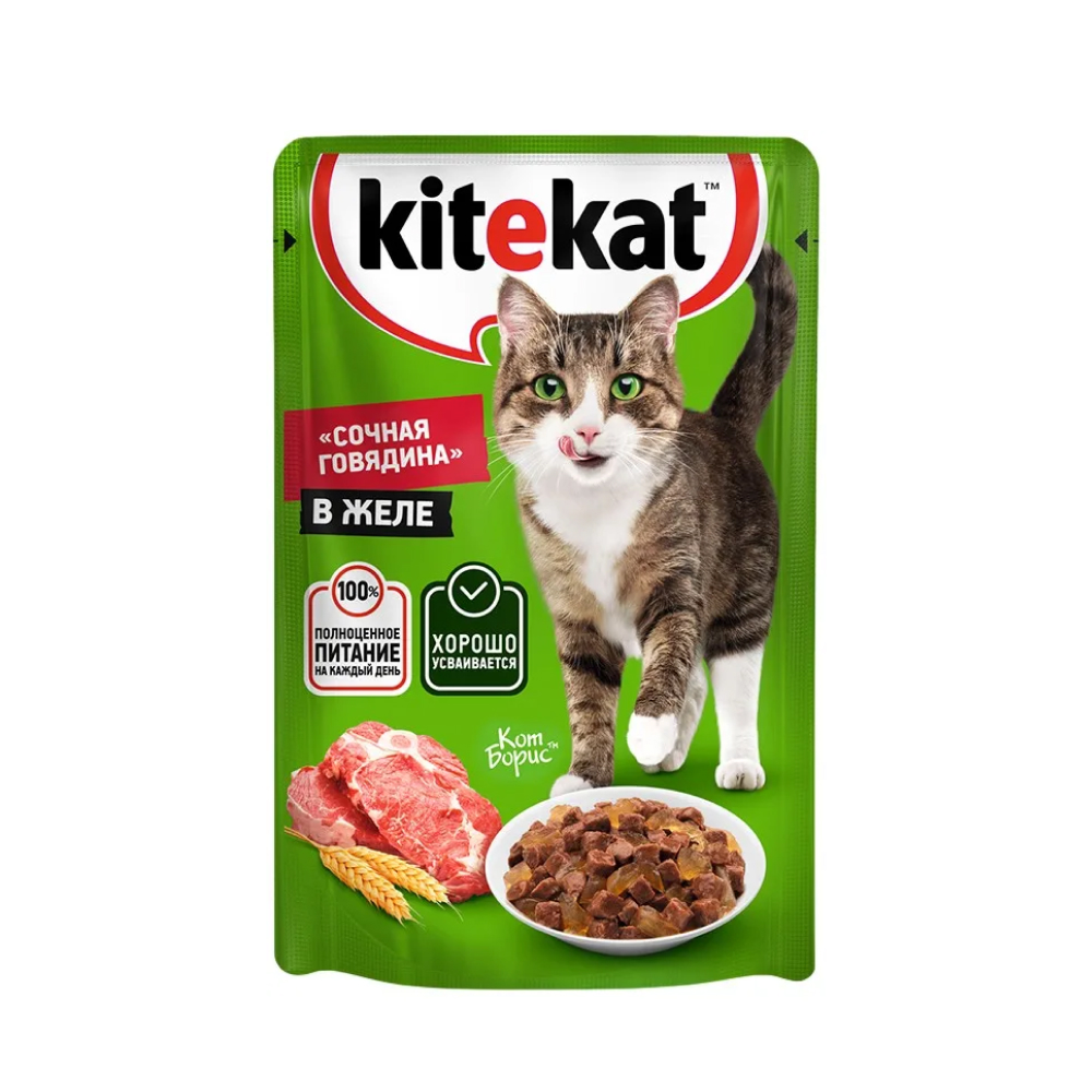 Корм для кошек Kitekat сочная говядина в желе, 85 г