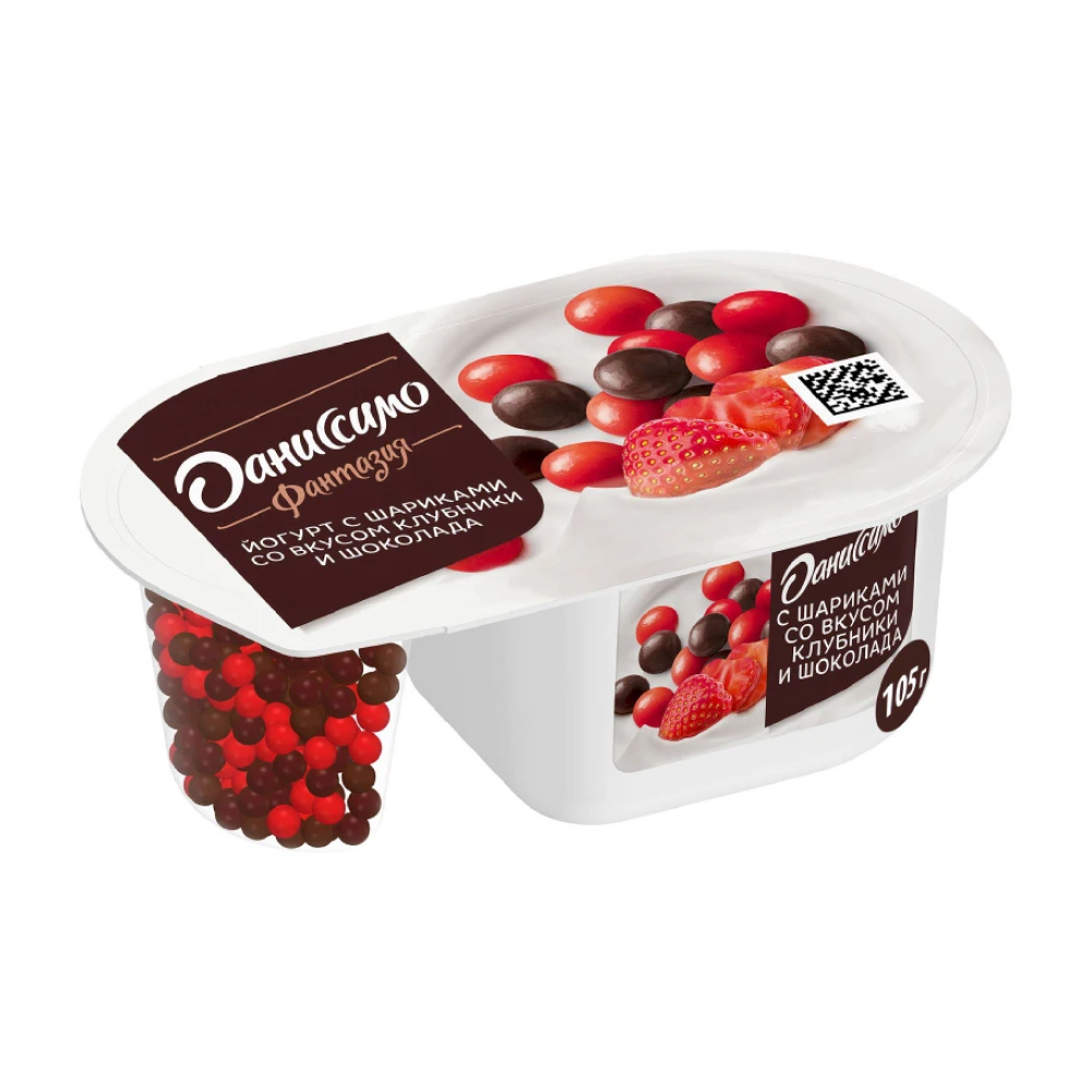 Йогурт Даниссимо Фантазия со вкусом клубники и шоколада с шариками 6.9%, 105 г *