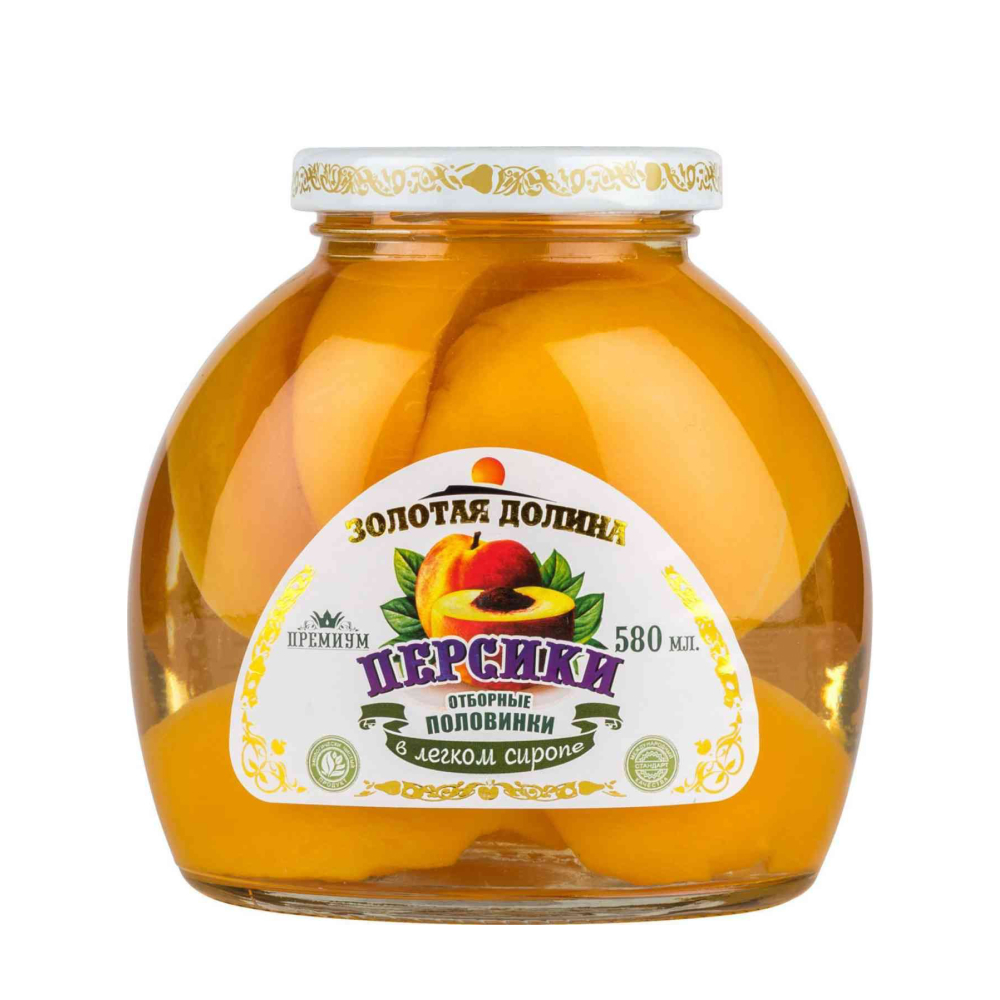 Персики отборные половинки Золотая долина в легком сиропе, 580 мл