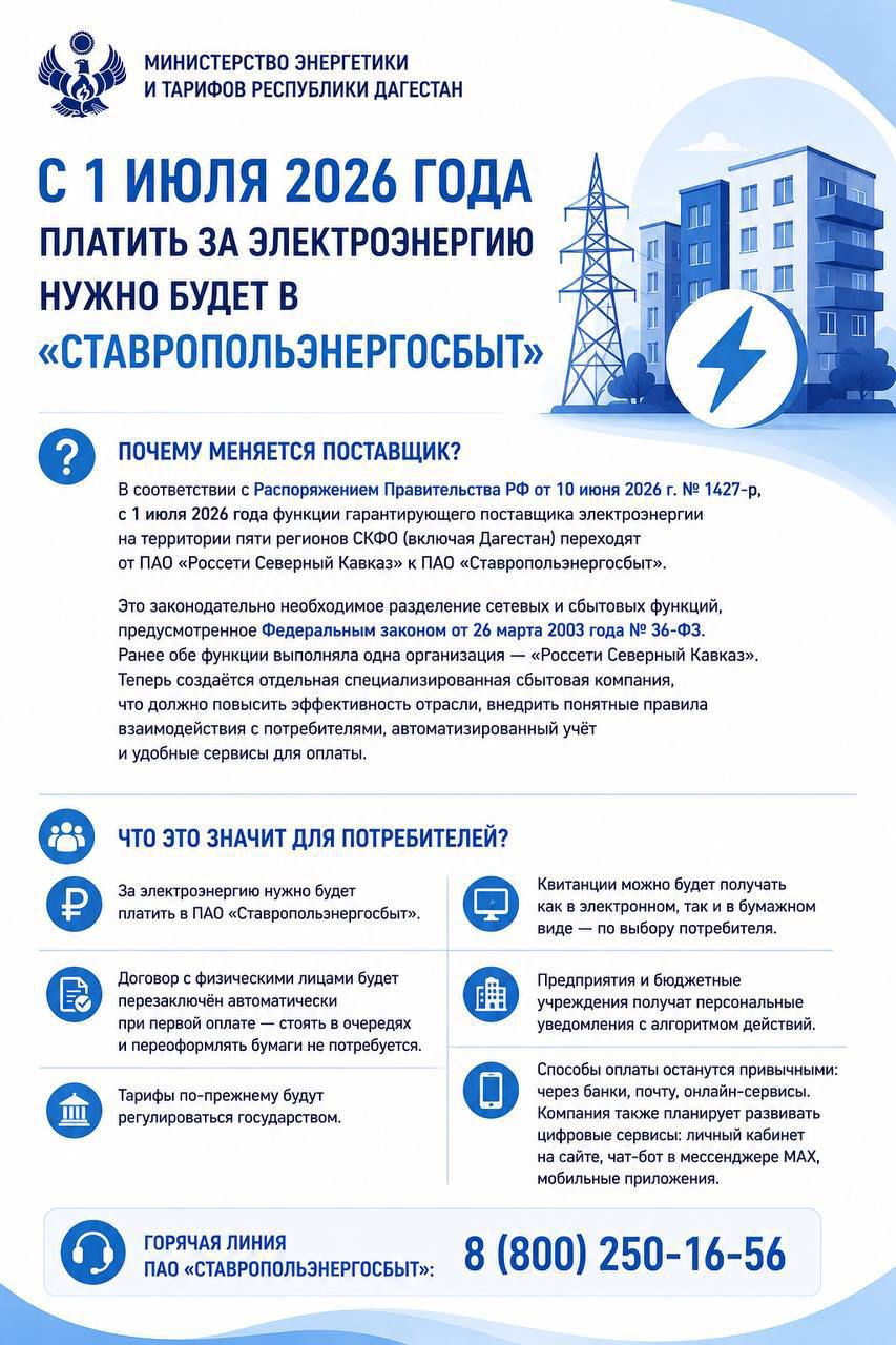 Дагестанцам с 1 июля платить за электроэнергию нужно будет в «Ставропольэнергосбыт»