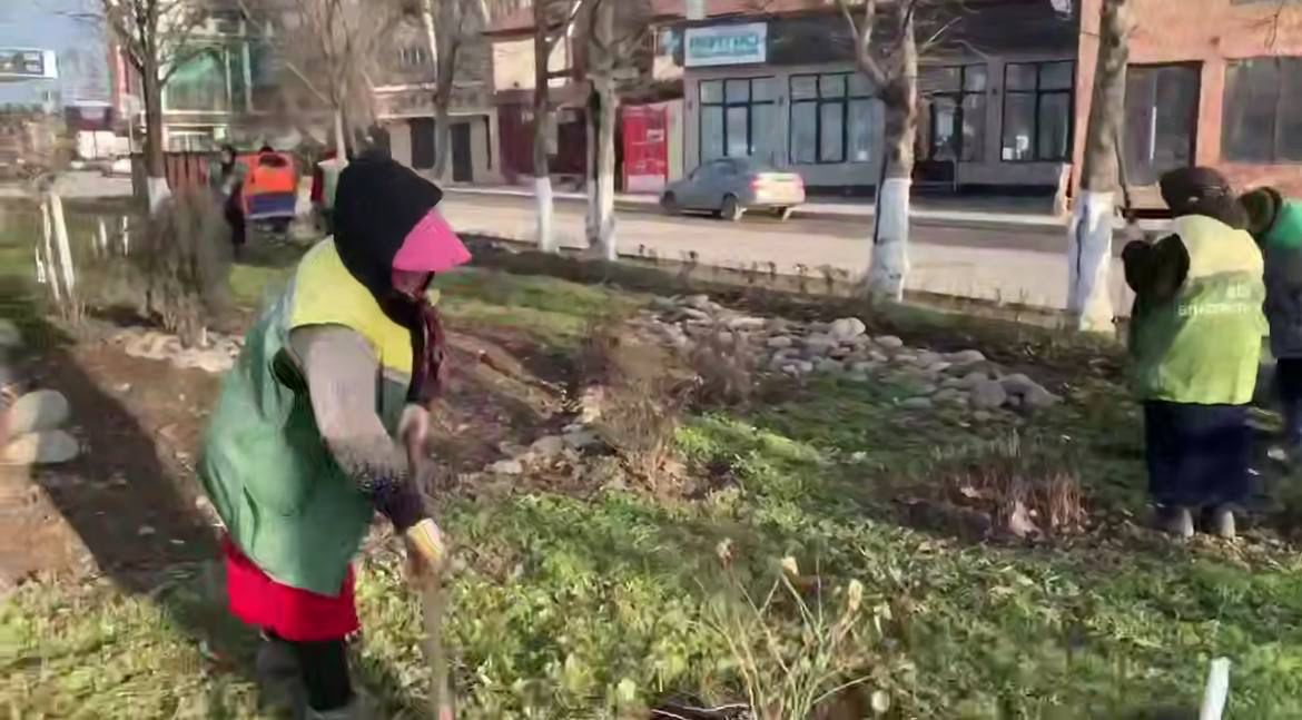 На проспекте Имама Шамиля в Махачкале продолжаются работы по благоустройству зелёных зон