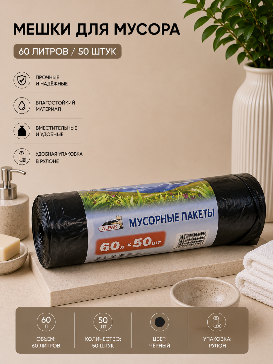 NEW Мешки для мусора 60литров 50 шт