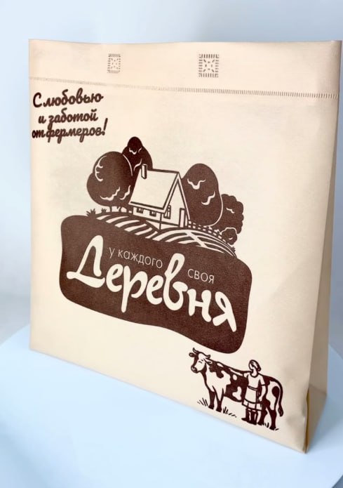 Пакет объемный из спанбонда 42*41*11см, бежевый, принт "Деревня"