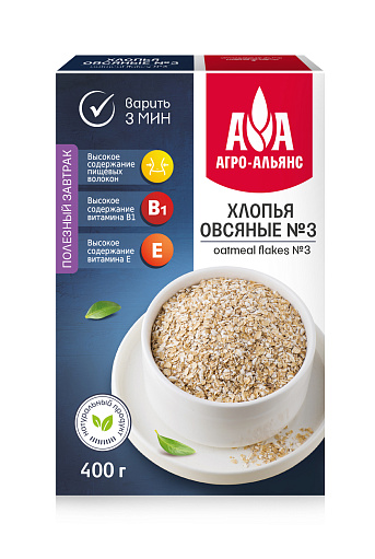 ХЛОПЬЯ АГРО АЛЬЯНС ОВСЯНЫЕ №3 КОР 400 ГР *12