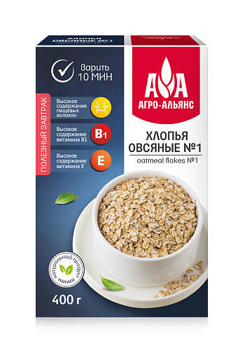 ХЛОПЬЯ АГРО АЛЬЯНС ОВСЯНЫЕ №1 КОР 400 ГР *12