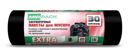 Пакеты для мусора 30 л MIRPACK особопрочные черные (ПНД, 12 мкм, в рулоне 20 шт, 50х60 см)