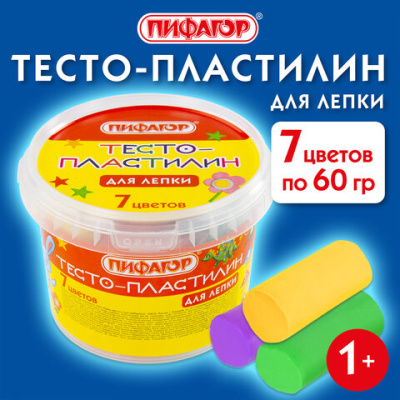 Пластилин на растительной основе (тесто для лепки) ПИФАГОР,  7 цв., 420г, пластиковое ведро, 104545