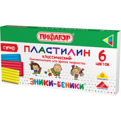 Пластилин классический ПИФАГОР "ЭНИКИ-БЕНИКИ СУПЕР", 6 цветов, 120 грамм, стек, 106428