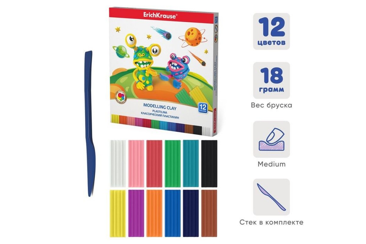 Пластилин классический ErichKrause Cosmic Monsters 12 цветов со стеком, 216 г (в коробке 12 шт)