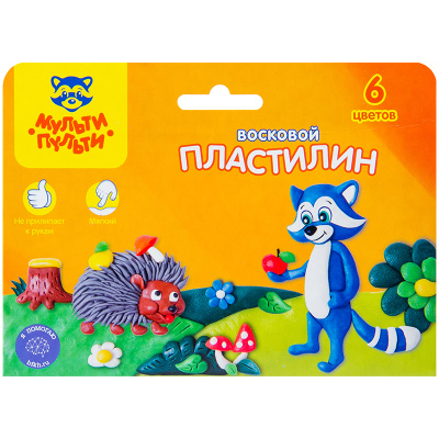 Пластилин Мульти-Пульти "Енот в лесу", 06 цветов, 90г, восковой, со стеком, картон, европодвес
