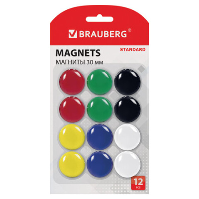 Магниты BRAUBERG STANDARD 30 мм, НАБОР 12 шт, ассорти, 237472