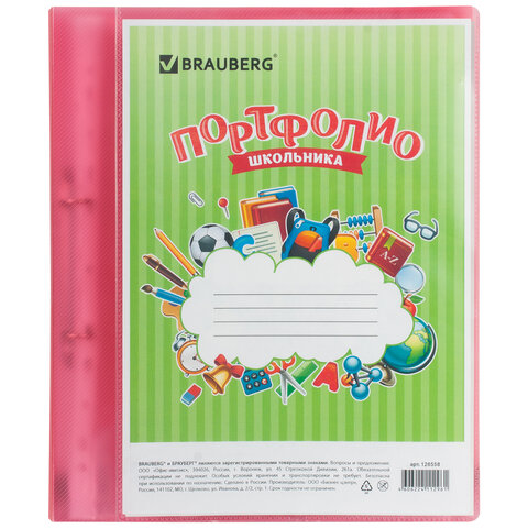 Папка для портфолио школьника, 2 кольца, 20 файлов, пластик полупрозрачный, красная, BRAUBERG,126558