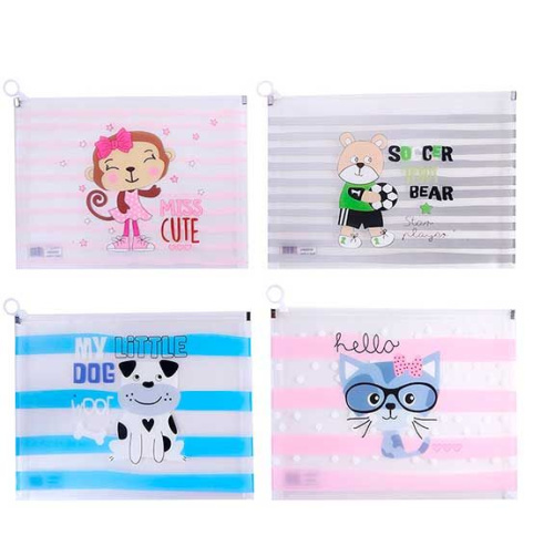 Папка канцелярская CUTE, 33х24,5x3см, пластиковая, zip-молния, плотность 170 мкм, 4 дизайна в ассортименте