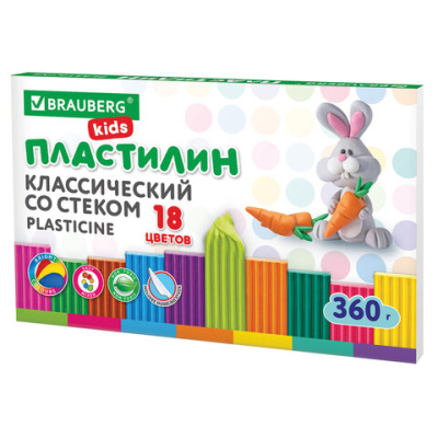 Пластилин классический BRAUBERG KIDS, 18 цветов, 360 г, СО СТЕКОМ, 106510