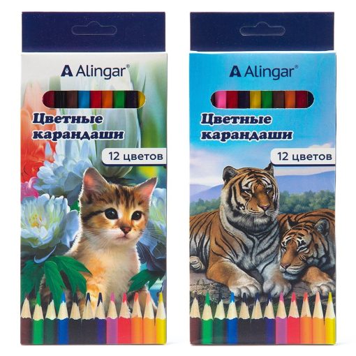 Карандаши цветные Alingar 12 цв., "Животные" деревянные, шестигранные, заточенные, грифель 3.0 мм, картон. уп., европод.
