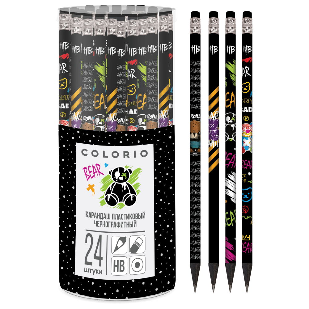 COLB-US15-102PL-PVC24 Чернографитный пластиковый карандаш с ластиком, заточенный. Круглый корпус с полноцветным дизайном. Твердость HB. Упаковка: 24 шт. в ПВХ тубусе. Размер 18,8 х 0,8 х 0,8 см. Colorio (пакет24)