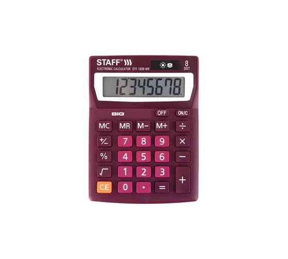 Калькулятор настольный STAFF STF-1808-WR, КОМПАКТНЫЙ (140х105мм), 8 разр, дв.питан, БОРДОВЫЙ, 250467