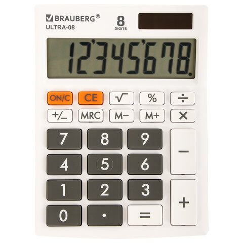 Калькулятор настольный BRAUBERG ULTRA-08-WT, КОМПАКТНЫЙ (154x115 мм), 8 разрядов, двойное питание, БЕЛЫЙ