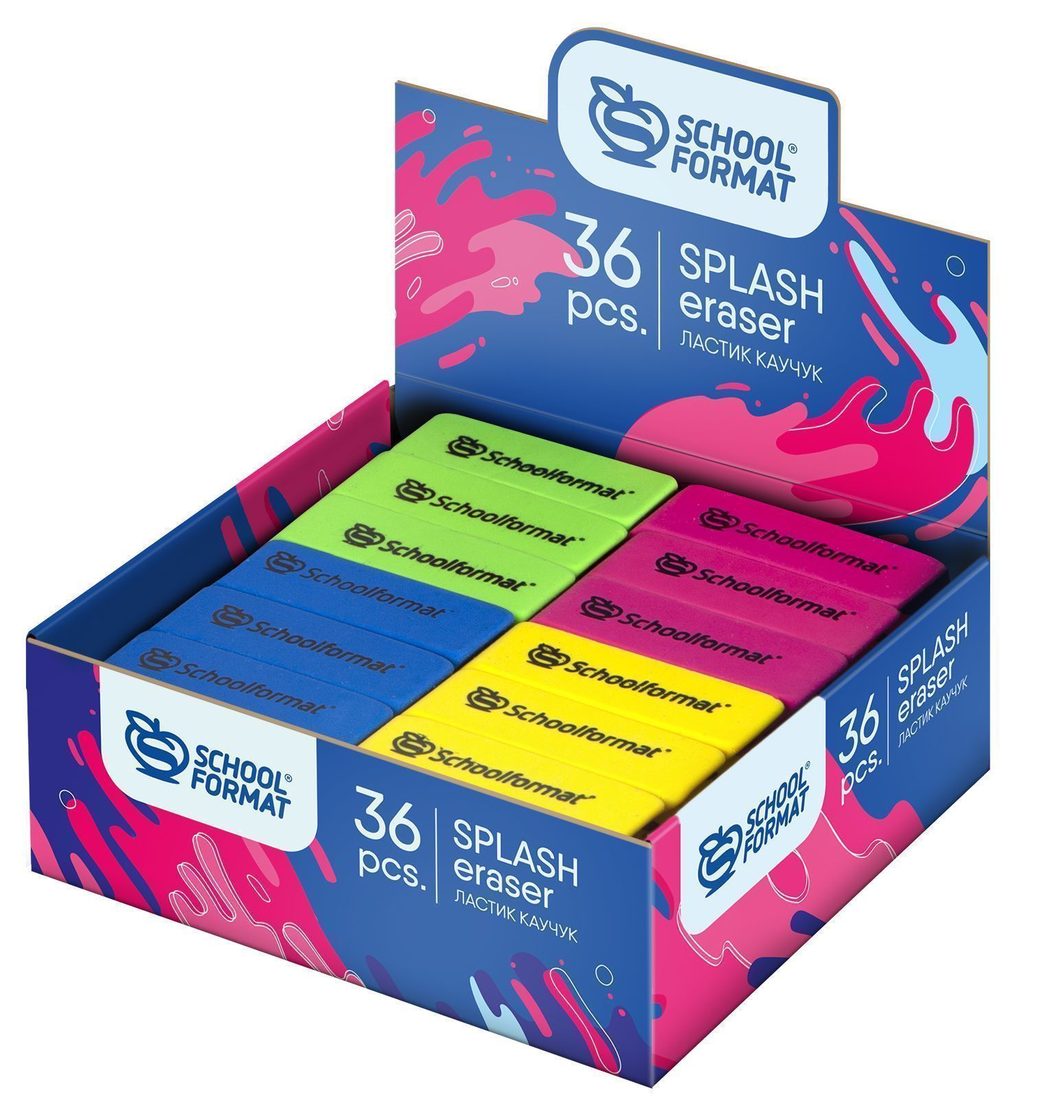 Ластик Schoolformat SPLASH каучук 55х15х12 мм скошенный ассорти мягкий индив. штрих-код