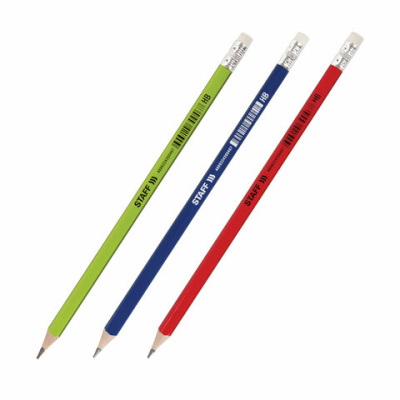 Карандаш чернографитный STAFF Basic BLP-744, 1 шт, НВ, с ластиком, пластик, корпус ассорти, 181744