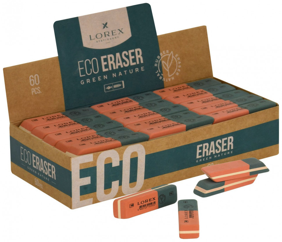 Ластик LOREX ECO GREEN NATURE натуральный каучук 57х14х8 мм синий M прямоуг. инд. уп.
