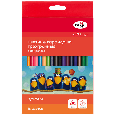 Карандаши цветные Гамма "Мультики", 18цв., трехгранные, заточен., картон. упаковка, европодвес