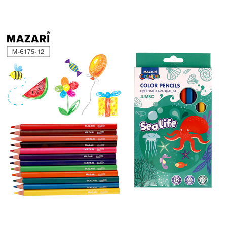 Карандаши цветные пластиковые SEA LIFE, Jumbo, 12 цв., трехгранный корпус, d грифеля = 4 мм, картонная упаковка с европодвесом