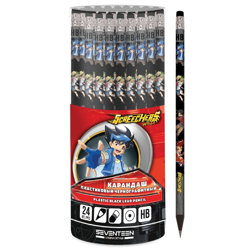 WSLB-US1-102PL-PVC24 Чернографитный пластиковый карандаш с ластиком, заточенный. Круглый корпус с полноцветным дизайном. Твердость HB. Упаковка: 24 шт. в ПВХ тубусе. Размер 18,8 х 0,8 х 0,8 см. Дикие Скричеры (пакет24)