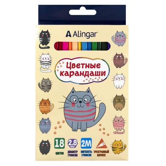 Карандаши цветные Alingar 18 цв. "Котята" деревянные, трехгранные, заточенные, грифель 2.8 мм, картон. уп., европод.