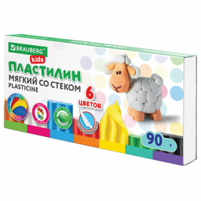 Пластилин мягкий восковой BRAUBERG KIDS, 6 цветов, 90г, со стеком, 106493