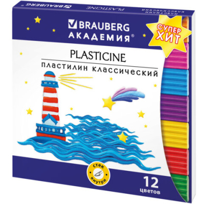 Пластилин классический BRAUBERG "АКАДЕМИЯ ХИТ", 12 цветов, 240г, стек, ВЫСШЕЕ КАЧЕСТВО, 106423