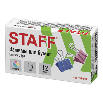 Зажимы для бумаг STAFF Profit, КОМПЛЕКТ 12 шт, 15 мм, на 45 листов, цветные, карт.коробка, 229050