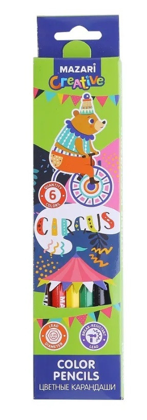 Карандаши цветные деревянные CIRCUS, 6 цв., шестигранный корпус, d грифеля = 2.85 мм, картонная упаковка с европодвесом
