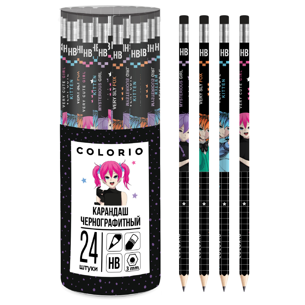 COLB-US1-106-PVC24 Карандаш чернографитный, заточенный, с ластиком. Шестигранный корпус с полноцветным дизайном. Твердость HB. Упаковка: 24 шт. в ПВХ тубусе. Размер 18,8 х 0,7 х 0,7 см. Colorio (пакет24)
