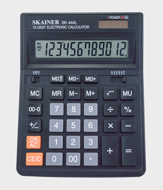 Калькулятор SKAINER 12 разрядов, 57*200*32 мм, черный, "SK-444L"