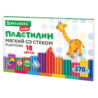 Пластилин мягкий восковой BRAUBERG KIDS, 18цв., 270г, со стеком, 106497