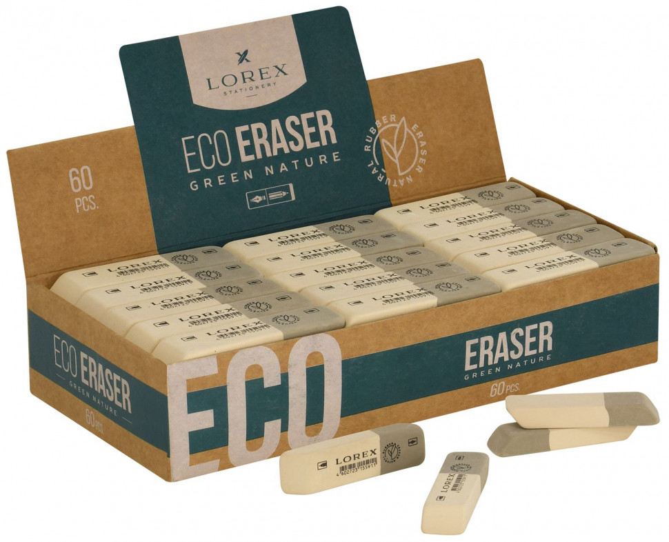 Ластик LOREX ECO GREEN NATURE натуральный каучук 56х14х8 мм серый M прямоуг. инд. уп.