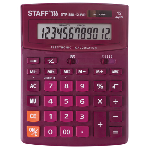 Калькулятор настольный STAFF STF-888-12-WR (200х150мм) 12 разр., двойное питание, БОРДОВЫЙ, 250454