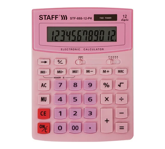 Калькулятор настольный STAFF STF-888-12-PK (200х150мм) 12 разрядов, двойное питание, РОЗОВЫЙ, 250452