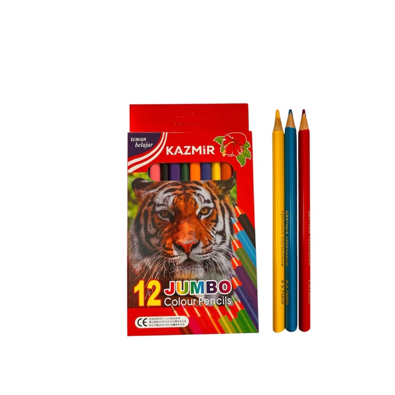 Карандаши цветные утолщенные Alingar 12 цв., "Тигр. Jumbo" деревянные, трехгранные, заточенные, дизайн на корпусе, грифель 4.0 мм, картон. уп., европо