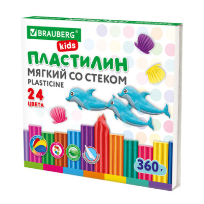 Пластилин мягкий восковой BRAUBERG KIDS, 24цв., 360г, со стеком, 106498